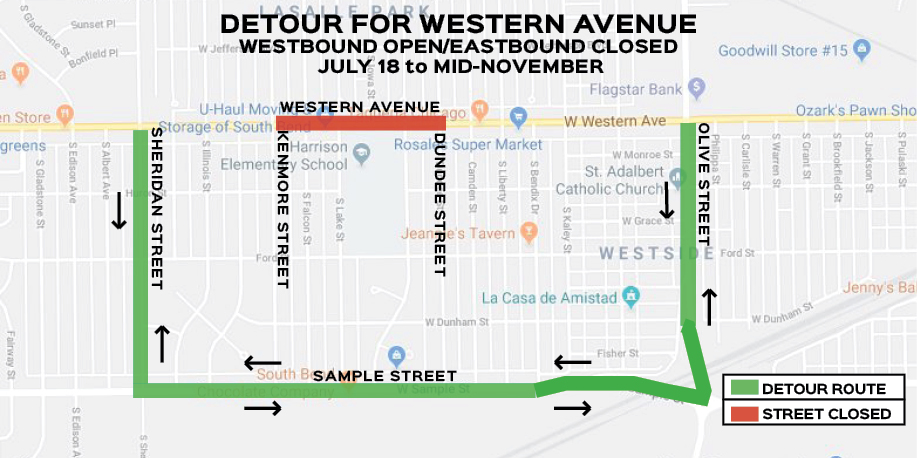 Map of Western Ave detours