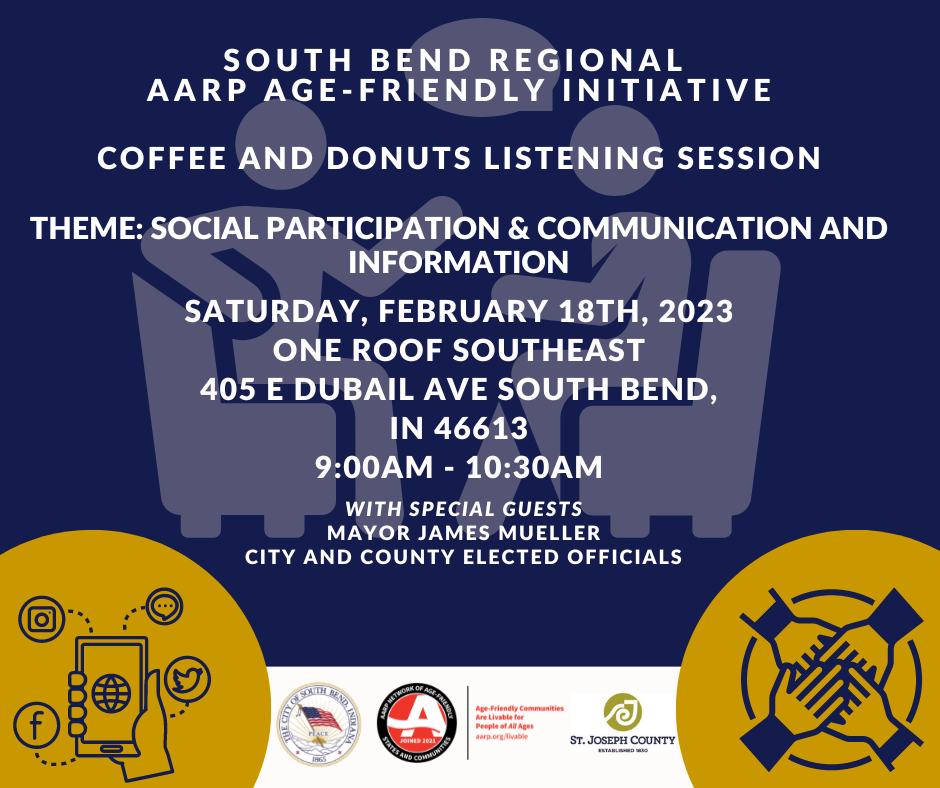 South Bend Regional AARP Age-Friendly Initiative Coffee and Donuts Listening Session infographic